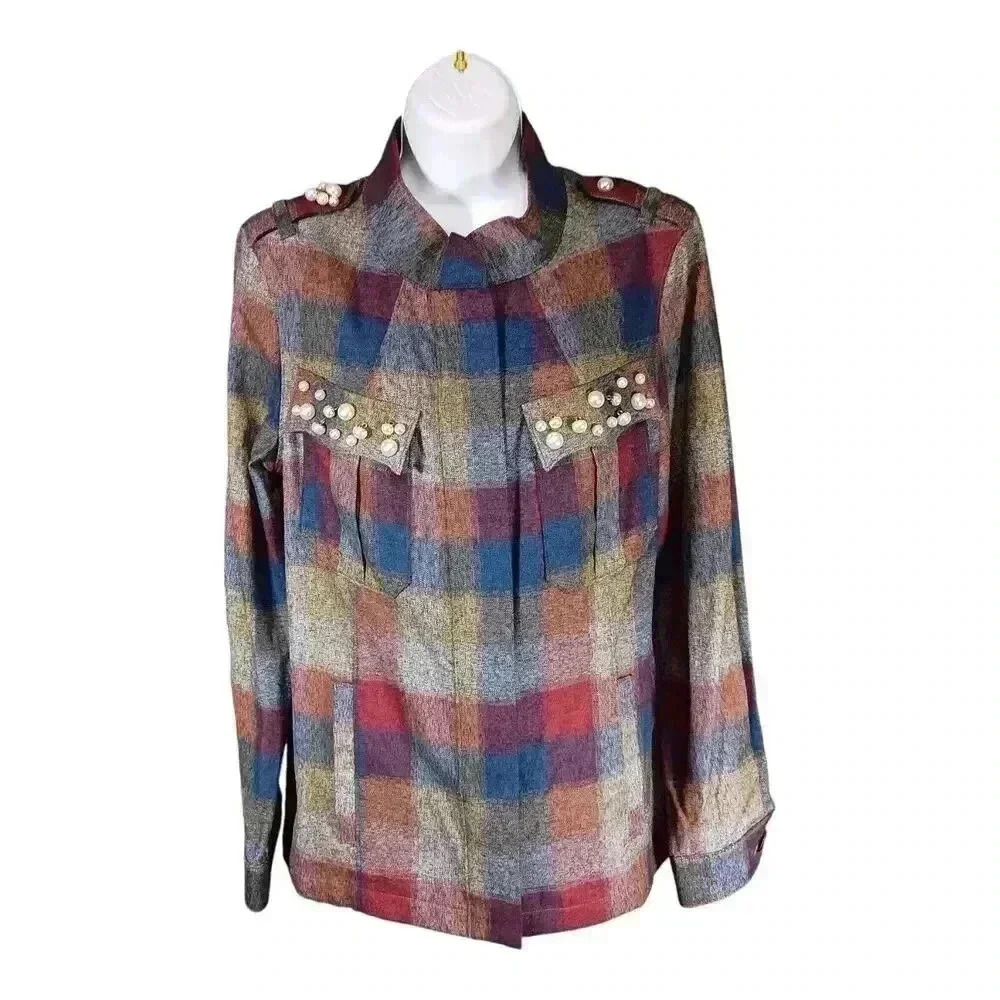 CABI Collage Jacket #3555 Cotton Plaid Pearl Embellished Zip Up Women's Medium